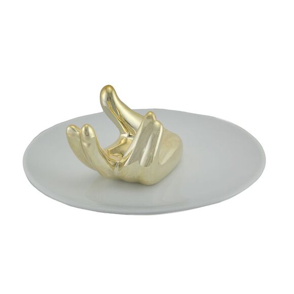 Gold Painted White Ceramic Helping Hand Jewelry Dish Ring Holder - Picture 3 of 3